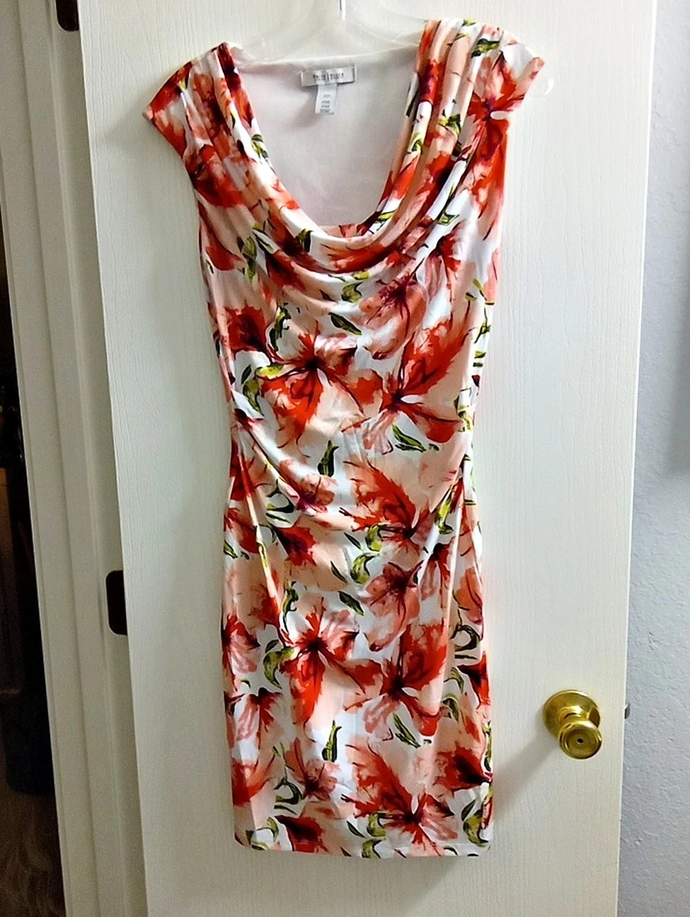 White House Black Market Floral Cowl Neck Midi Dress in Pink & Red Size XS Like
